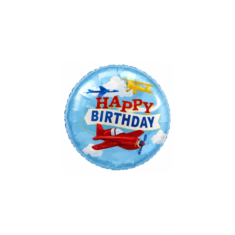 Round foil balloon – Happy Birthday aeroplanes, 18″