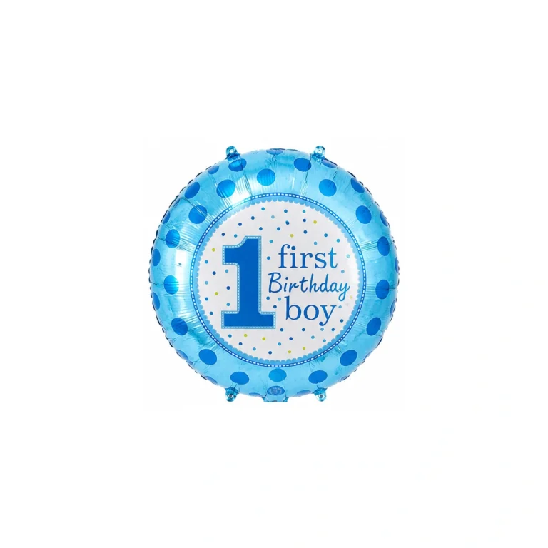 Round foil balloon – first birthday, blue dots, 18″