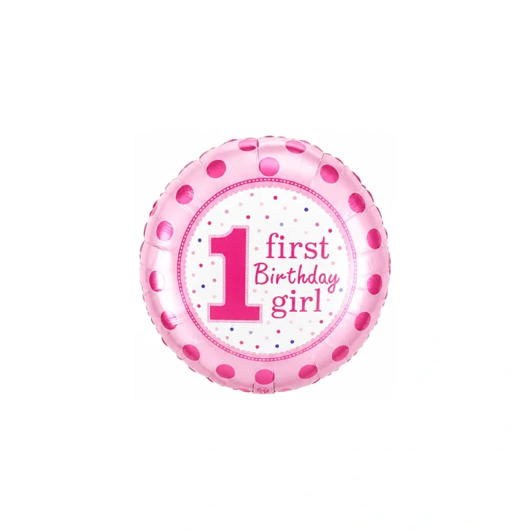 Round foil balloon – first birthday, pink dots, 18″