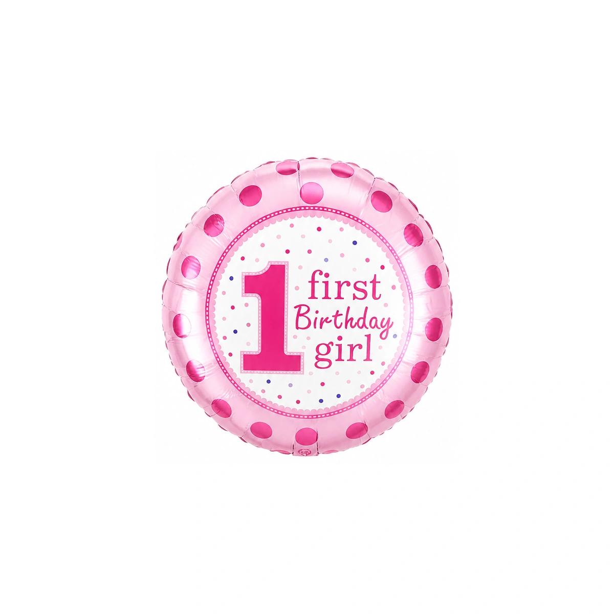 Round foil balloon – first birthday, pink dots, 18″