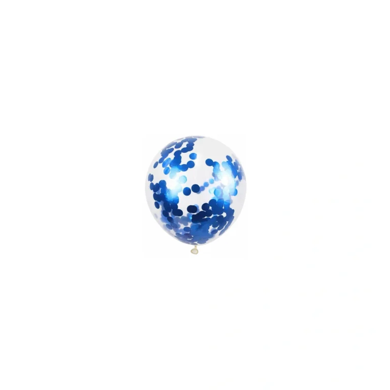 Clear latex balloon with blue confetti, 10″