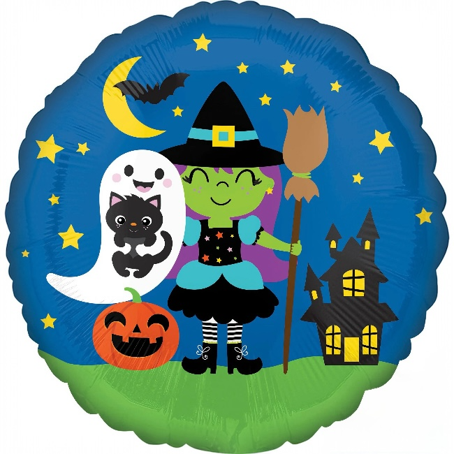 Round foil balloon – witch and ghost, 18″