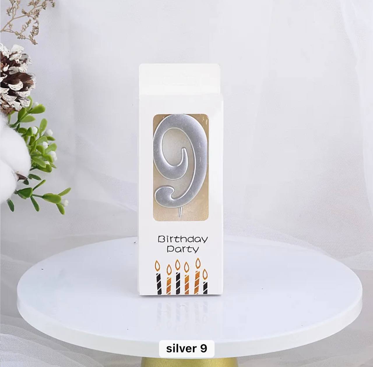 Svjećica za tortu broj 9, srebrna, Elegant, 5,5 cm