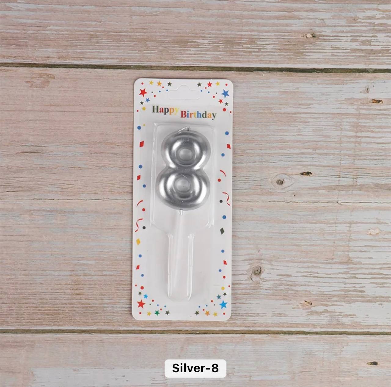 Number 8 cake candle, silver, 7 cm