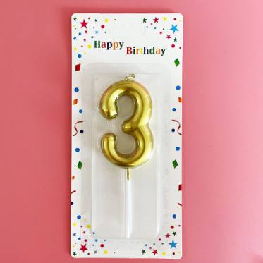 Number 3 cake candle, gold, 9 cm