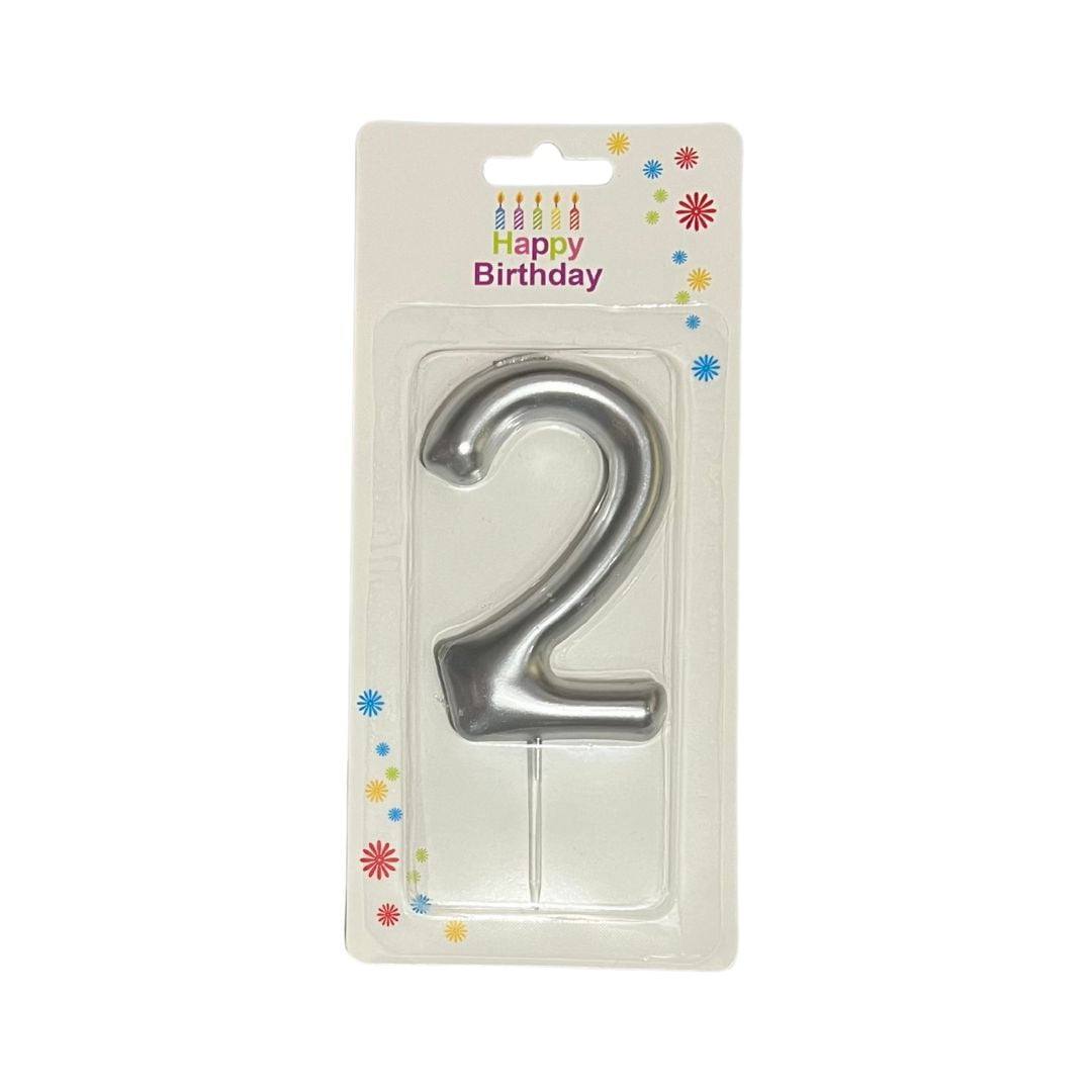 Number 2 cake candle, silver, 9 cm