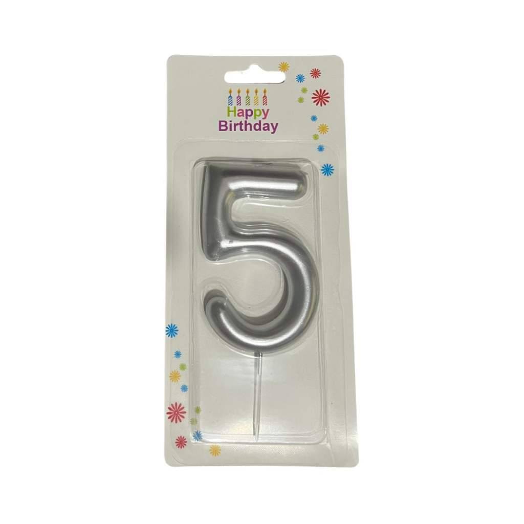 Свеча для торта в форме цифры 5, серебристая, 9 см