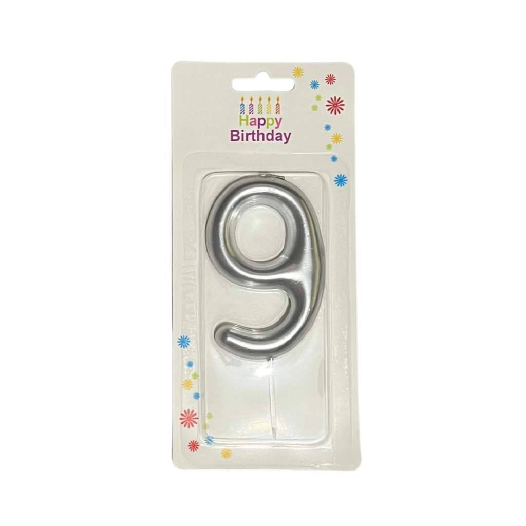 Number 9 cake candle, silver, 9 cm