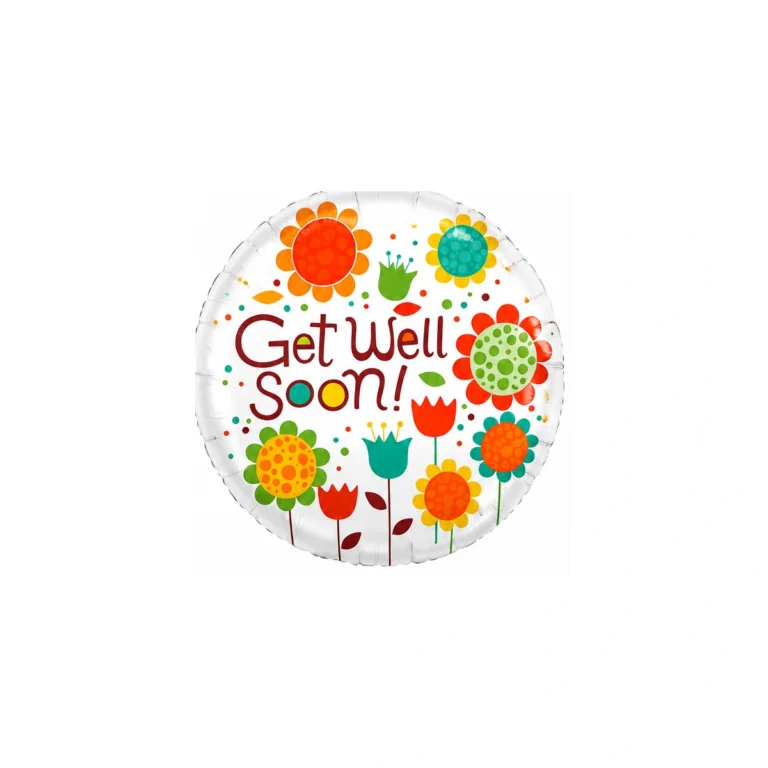 Round foil balloon – Get Well Soon with flowers, 18″