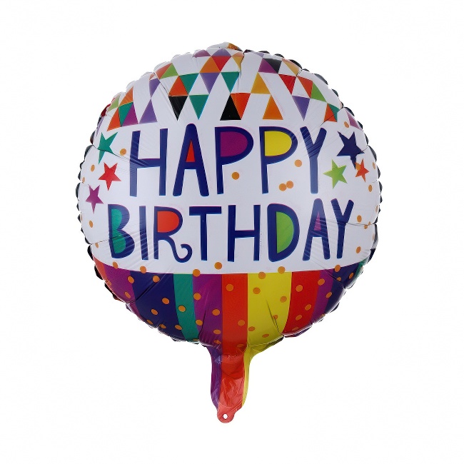 Round foil balloon – Happy Birthday, colourful triangles, 18″