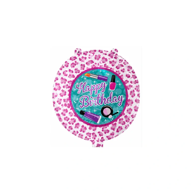 Round foil balloon – Happy Birthday, makeup and leopard print, 18″