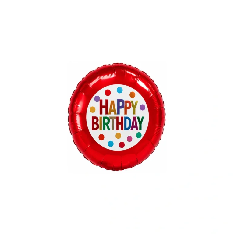 Round Happy Birthday foil balloon – red with dots, 18″