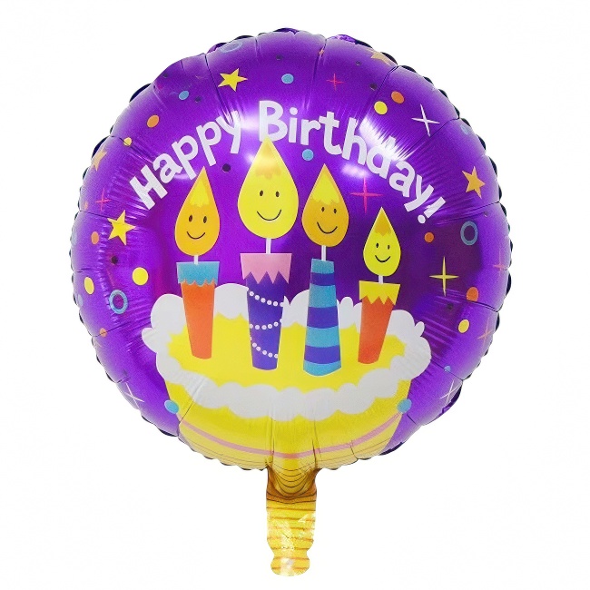 Round foil balloon – birthday cake, purple, 18″