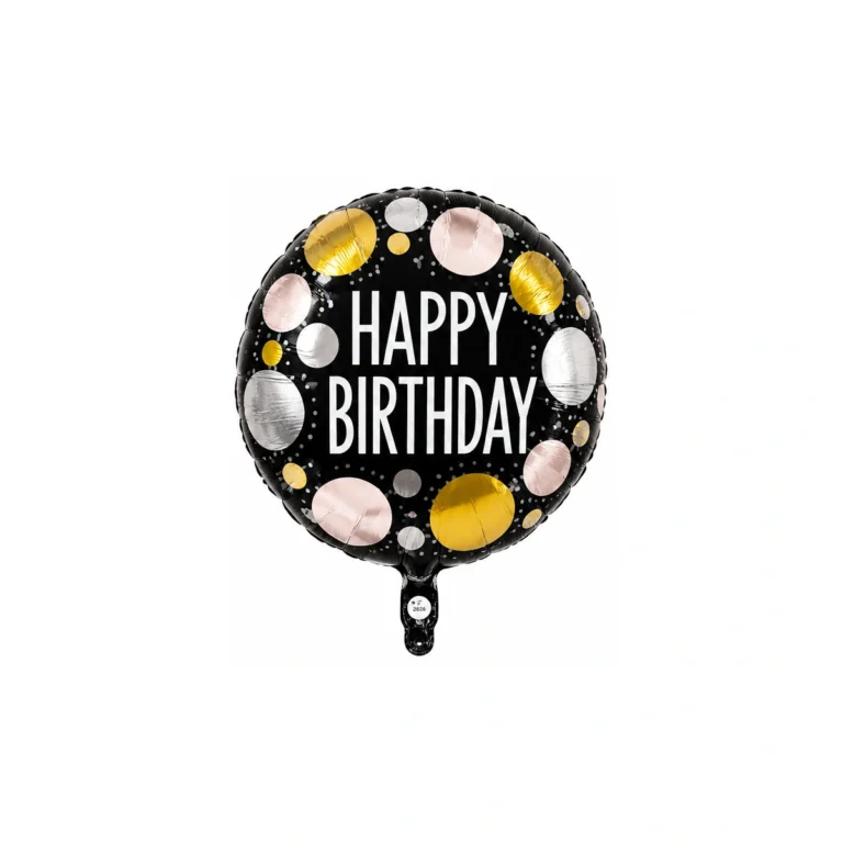 Happy Birthday foil balloon – black with large dots, 18″