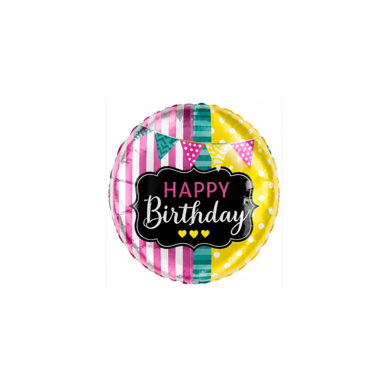 Round foil balloon – Happy Birthday, colourful bunting, 18″