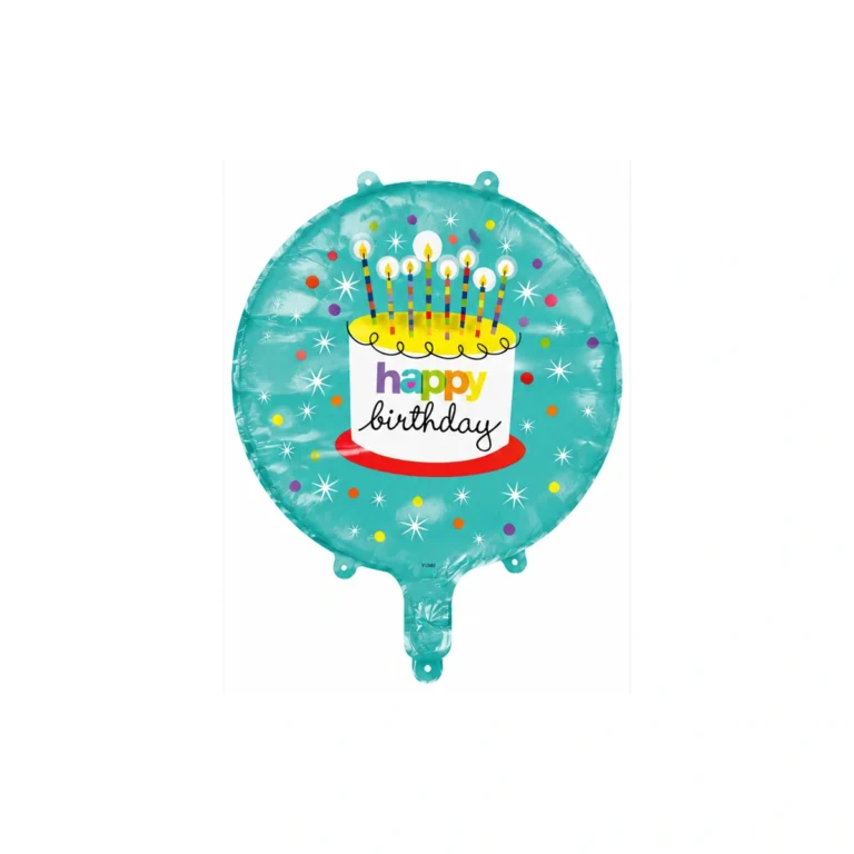 Round foil balloon – Happy Birthday cake, 18″