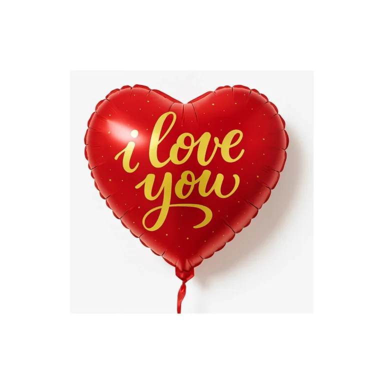 Heart-shaped foil balloon – I Love You, red with gold lettering, 18″