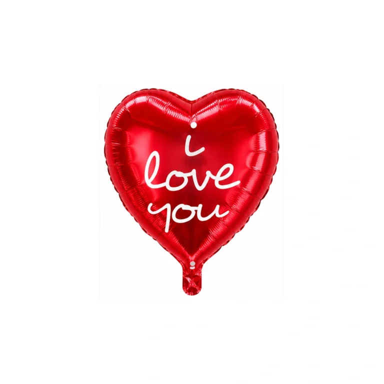 Heart-shaped foil balloon – I Love You, red with white lettering, 18″