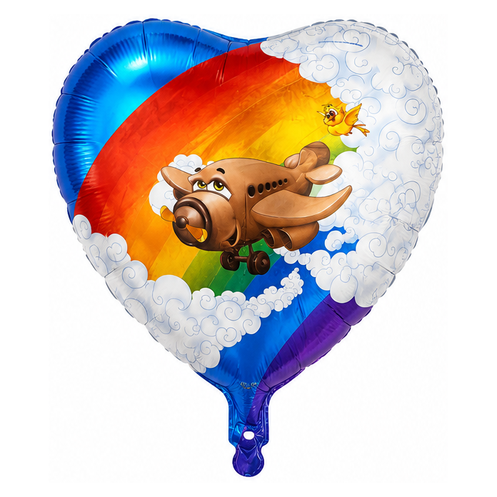 Heart foil balloon – airplane and rainbow, 18″