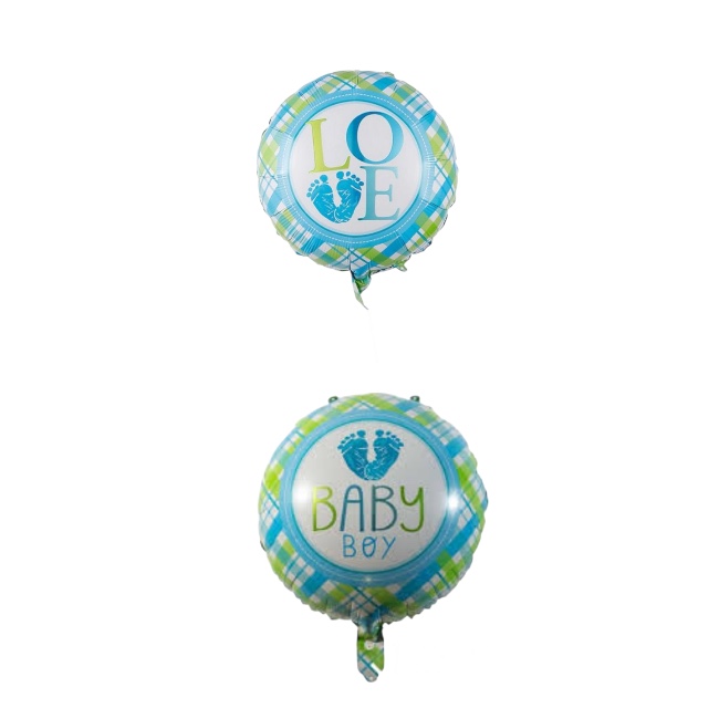 Round foil balloon – Baby Boy, blue and green checks, 18″