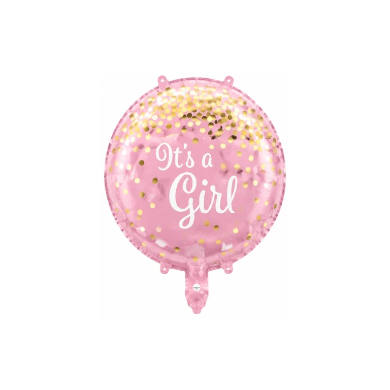 Round foil balloon – It's a Girl, gold confetti, 18″