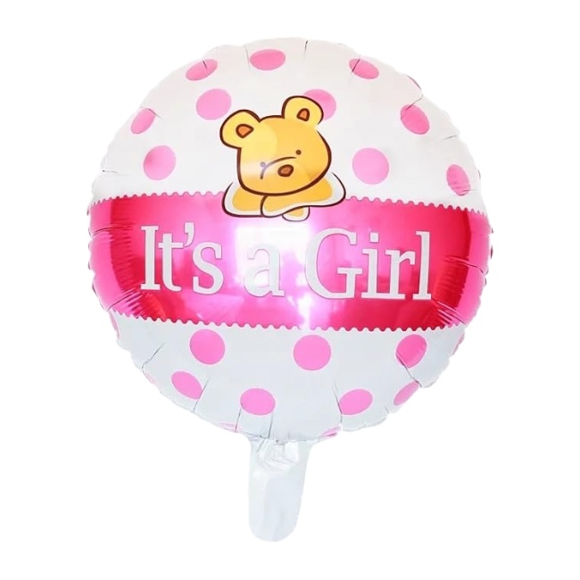 Круглый фольгированный шар – It's a Girl с медвежонком, 18″