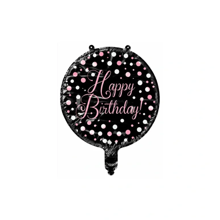 Round foil balloon – Happy Birthday, black with pink dots, 18″