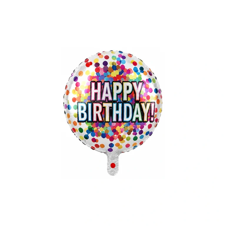 Round foil balloon – Happy Birthday, colourful confetti, 18″