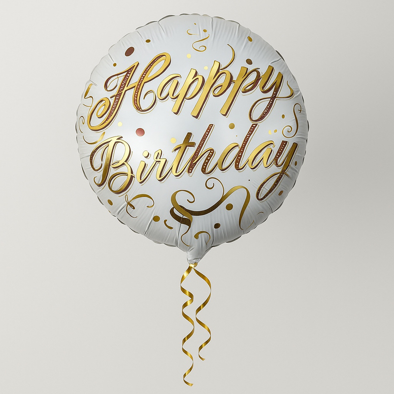 Фольгированный шар Happy Birthday — белый с золотым декором