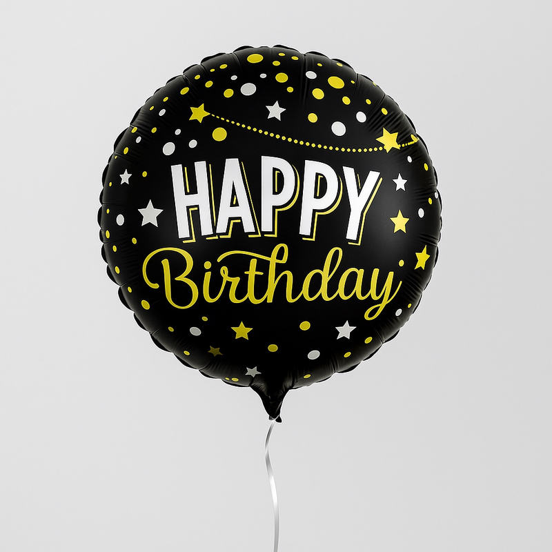 Happy Birthday foil balloon – black with gold stars