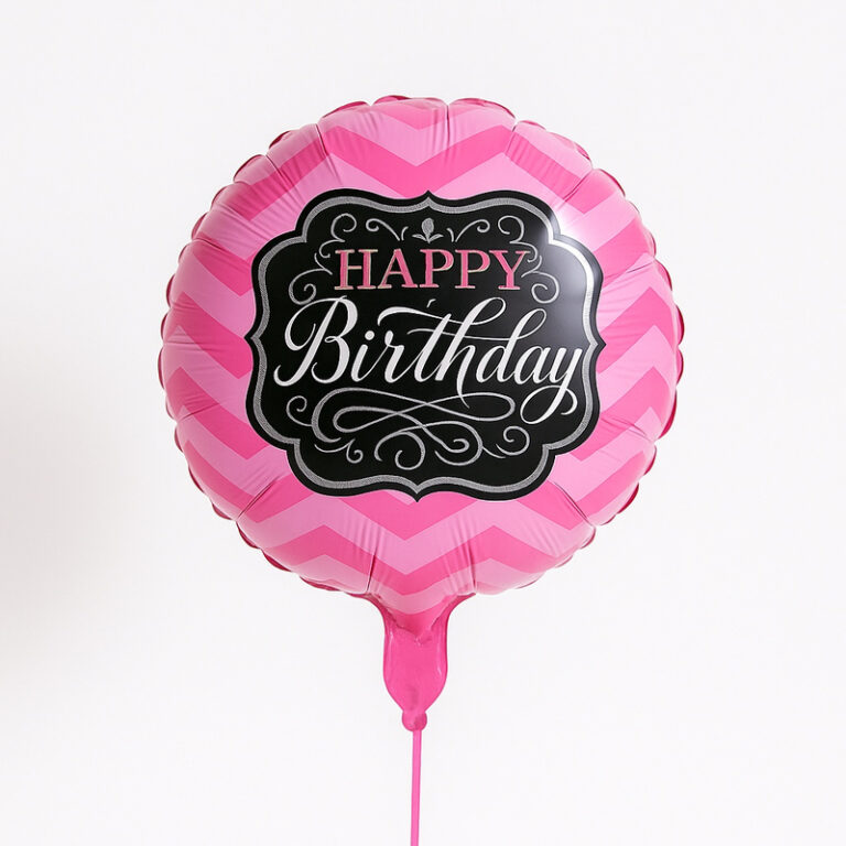 Foil balloon – Happy Birthday, pink with a black centre