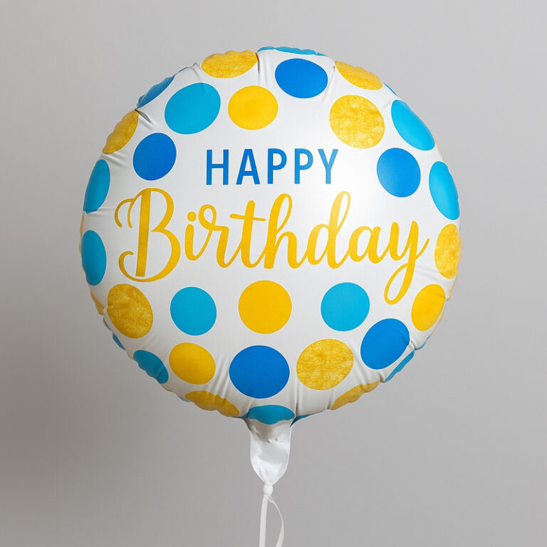 Foil balloon – Happy Birthday with blue and gold dots