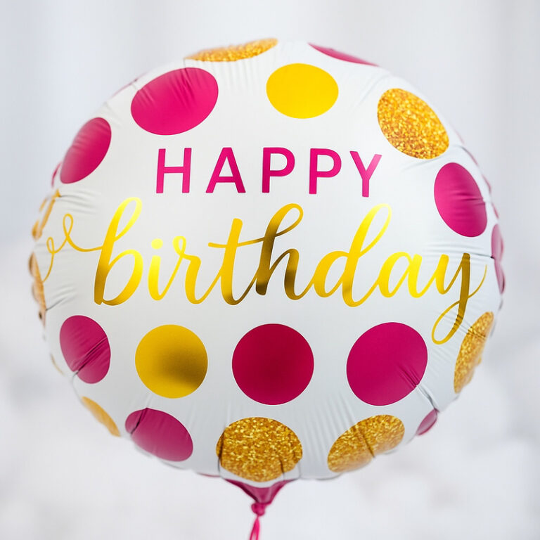 Foil balloon – Happy Birthday with pink and gold dots