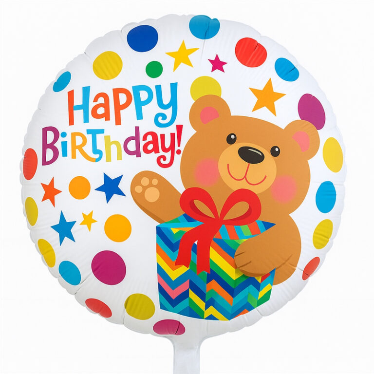 Foil balloon – Happy Birthday with a teddy bear and gift